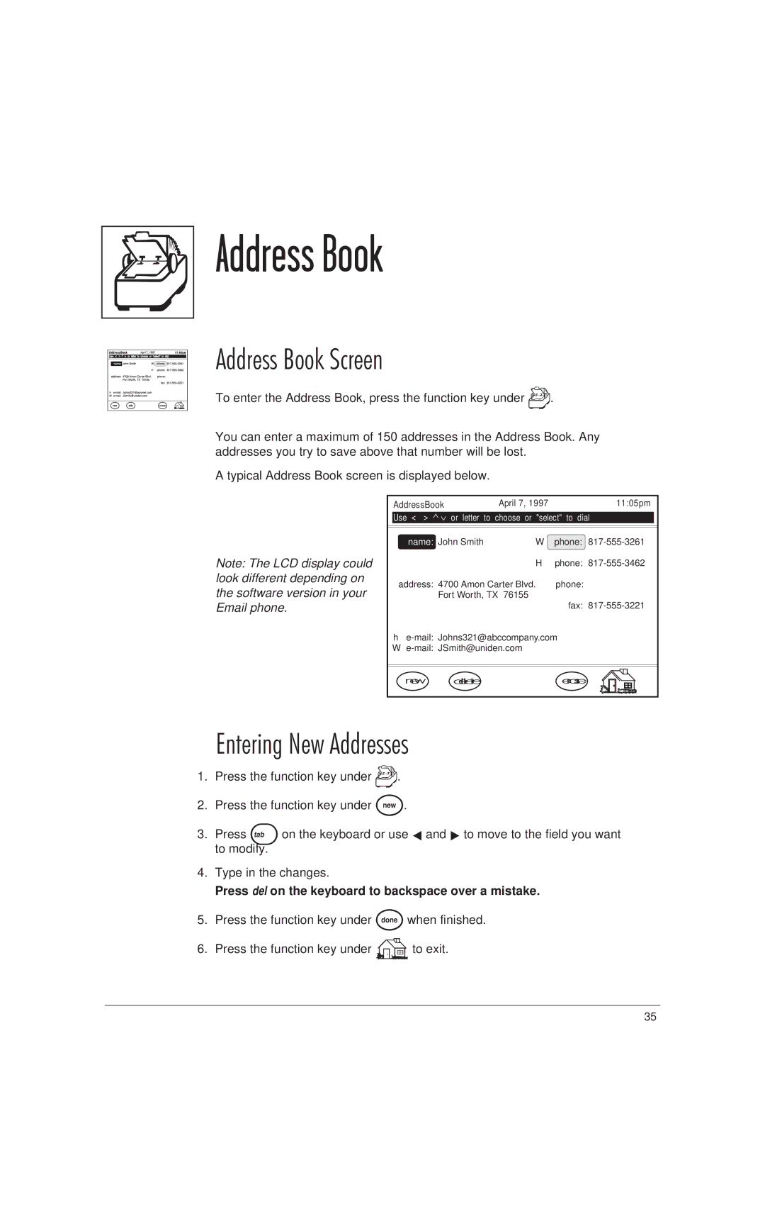 Uniden EP200, EP100 manual Address Book Screen, Entering New Addresses 