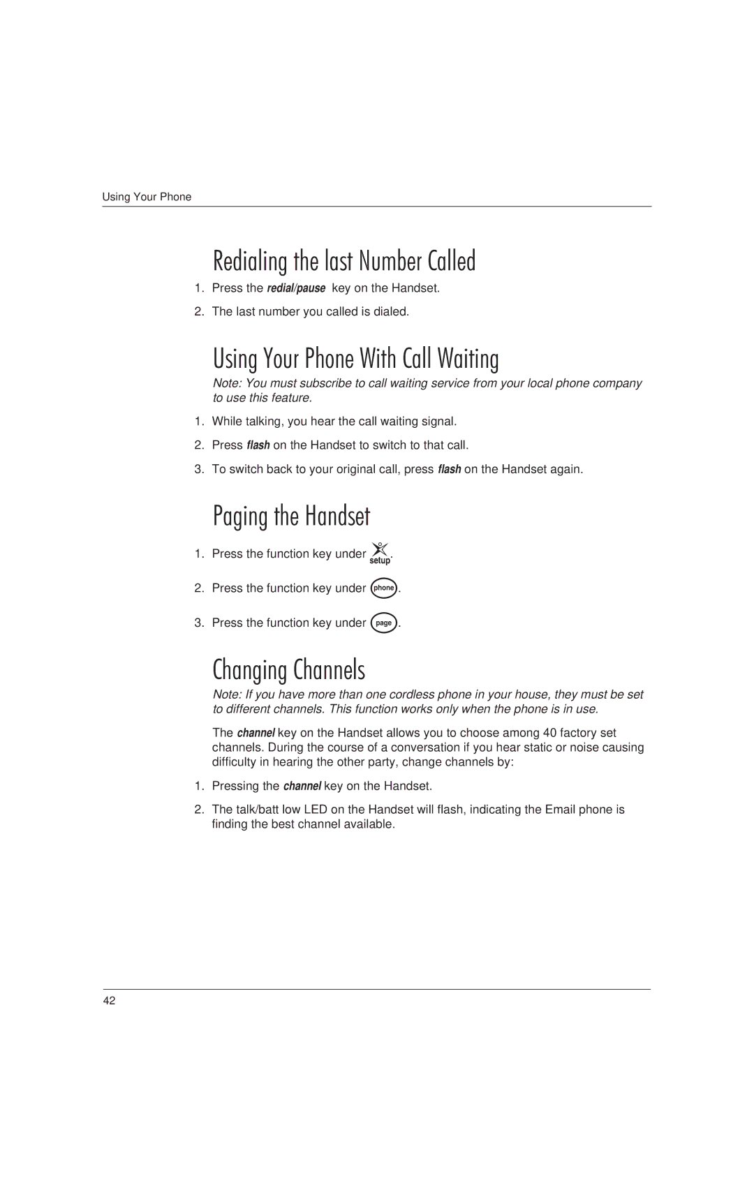 Uniden EP100 Redialing the last Number Called, Using Your Phone With Call Waiting, Paging the Handset, Changing Channels 