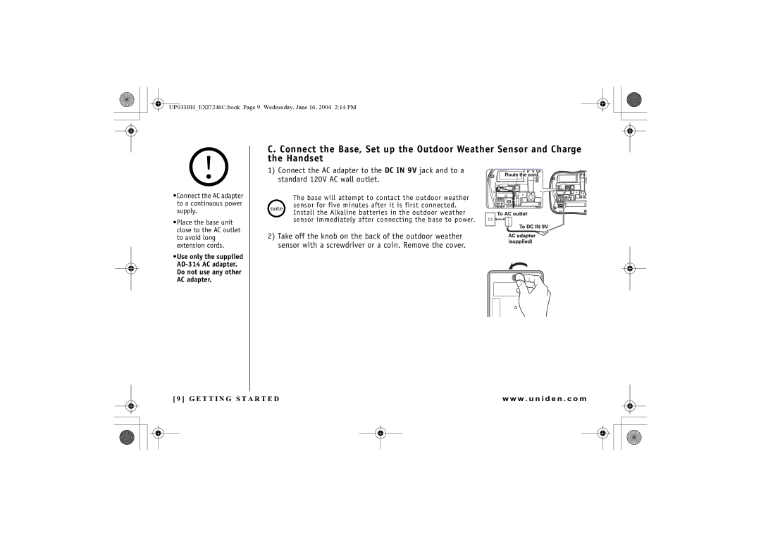 Uniden EWCI 936 manual Connect the AC adapter to a continuous power supply 