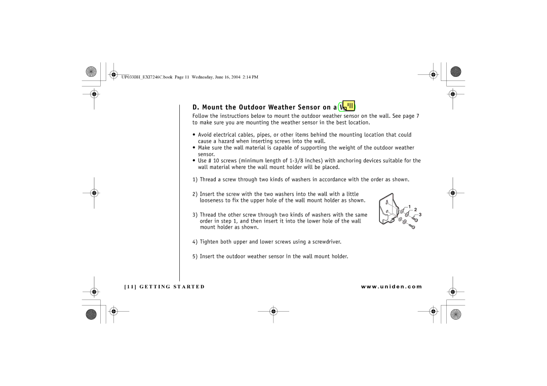 Uniden EWCI 936 manual Mount the Outdoor Weather Sensor on a Wall 