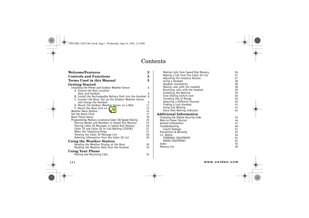 Uniden EWCI 936 manual Contents 