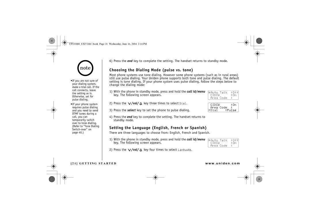 Uniden EWCI 936 manual Choosing the Dialing Mode pulse vs. tone, Setting the Language English, French or Spanish 