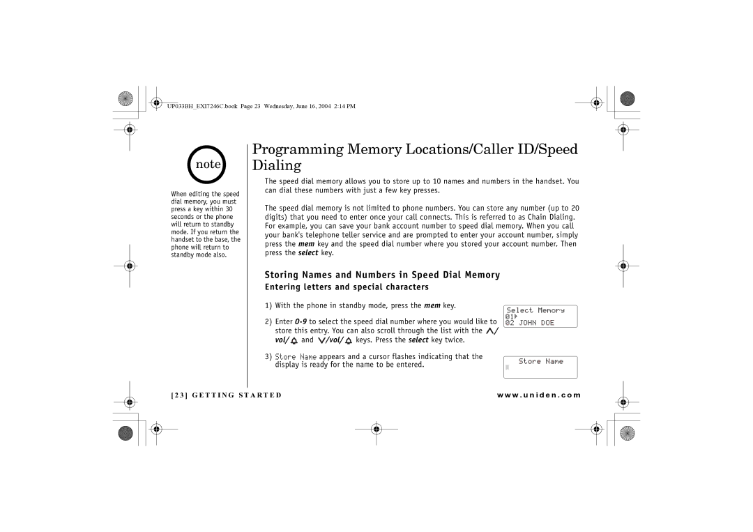 Uniden EWCI 936 manual Programming Memory Locations/Caller ID/Speed Dialing, Storing Names and Numbers in Speed Dial Memory 