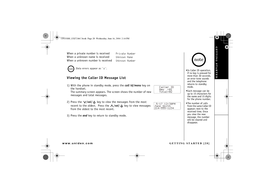 Uniden EWCI 936 manual Viewing the Caller ID Message List, T T I N G S T a R T E D 2 