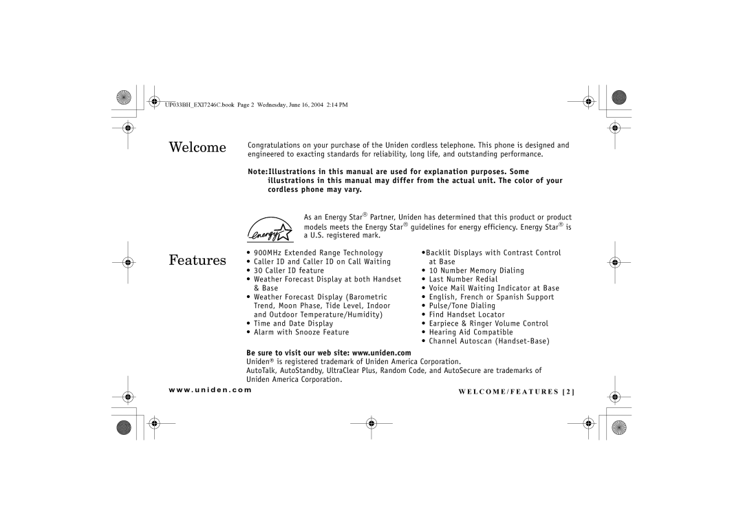 Uniden EWCI 936 manual Welcome, Features 