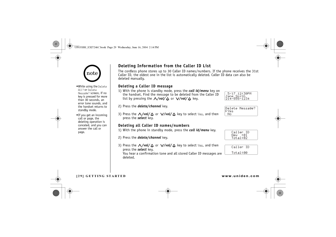 Uniden EWCI 936 manual Deleting Information from the Caller ID List, Deleting a Caller ID message 