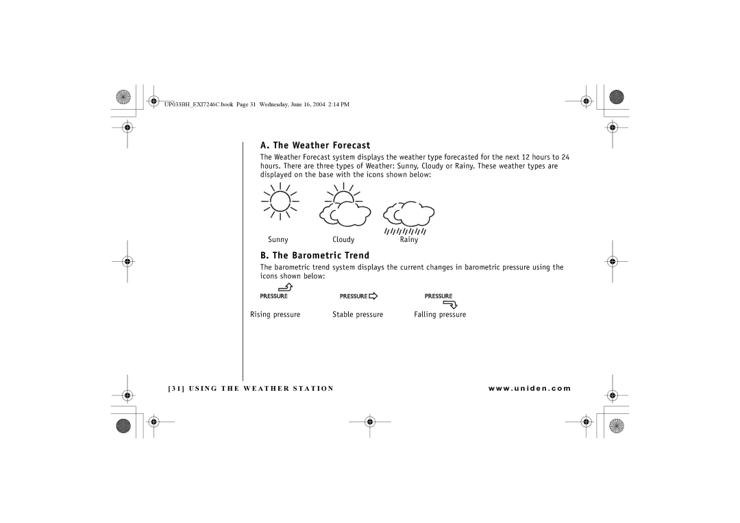 Uniden EWCI 936 manual Weather Forecast, Barometric Trend 