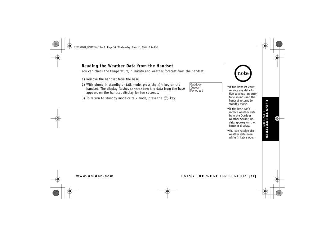 Uniden EWCI 936 manual Reading the Weather Data from the Handset 