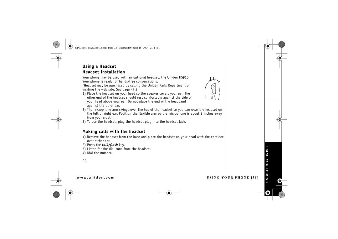 Uniden EWCI 936 manual Using a Headset Headset installation, Making calls with the headset 