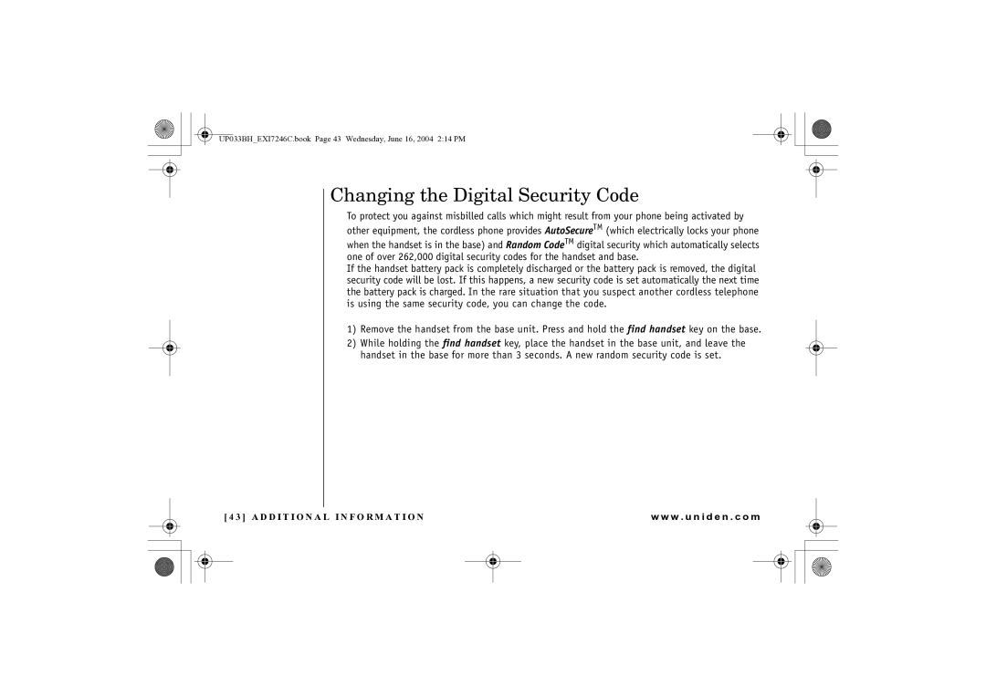 Uniden EWCI 936 manual Changing the Digital Security Code 