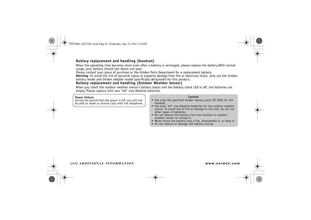 Uniden EWCI 936 manual Battery replacement and handling Handset, Battery replacement and handling Outdoor Weather Sensor 