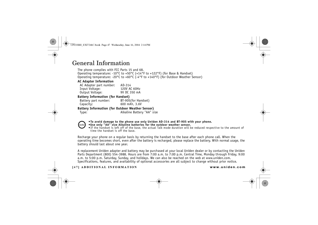 Uniden EWCI 936 manual General Information, Battery Information for Outdoor Weather Sensor 