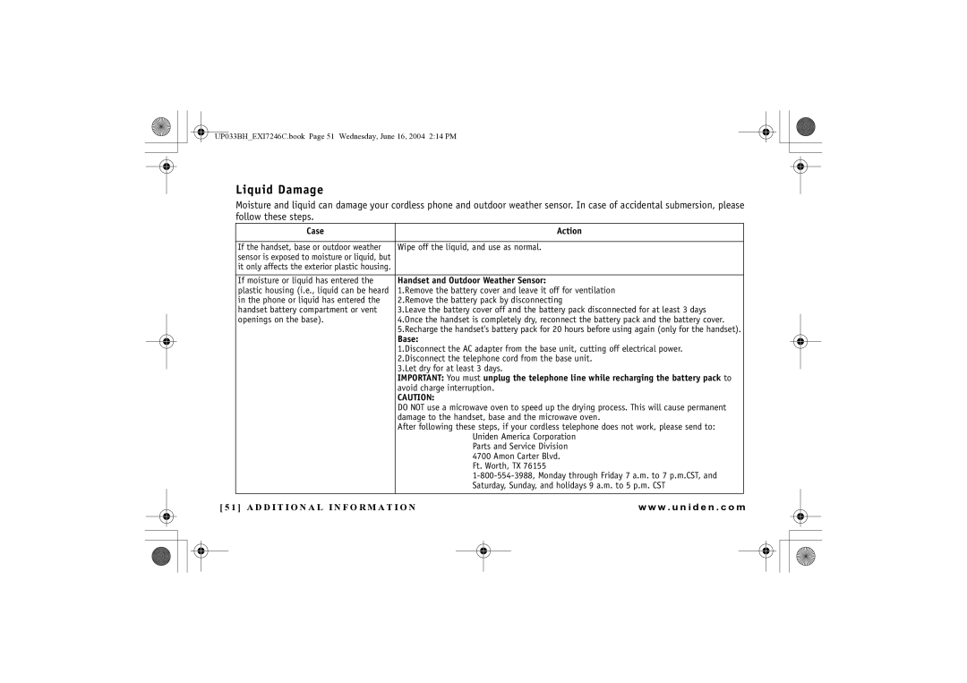 Uniden EWCI 936 manual Liquid Damage, Case Action 