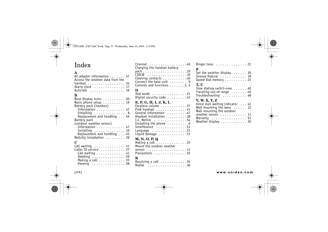 Uniden EWCI 936 manual Index, G, H, I, J, K, L 