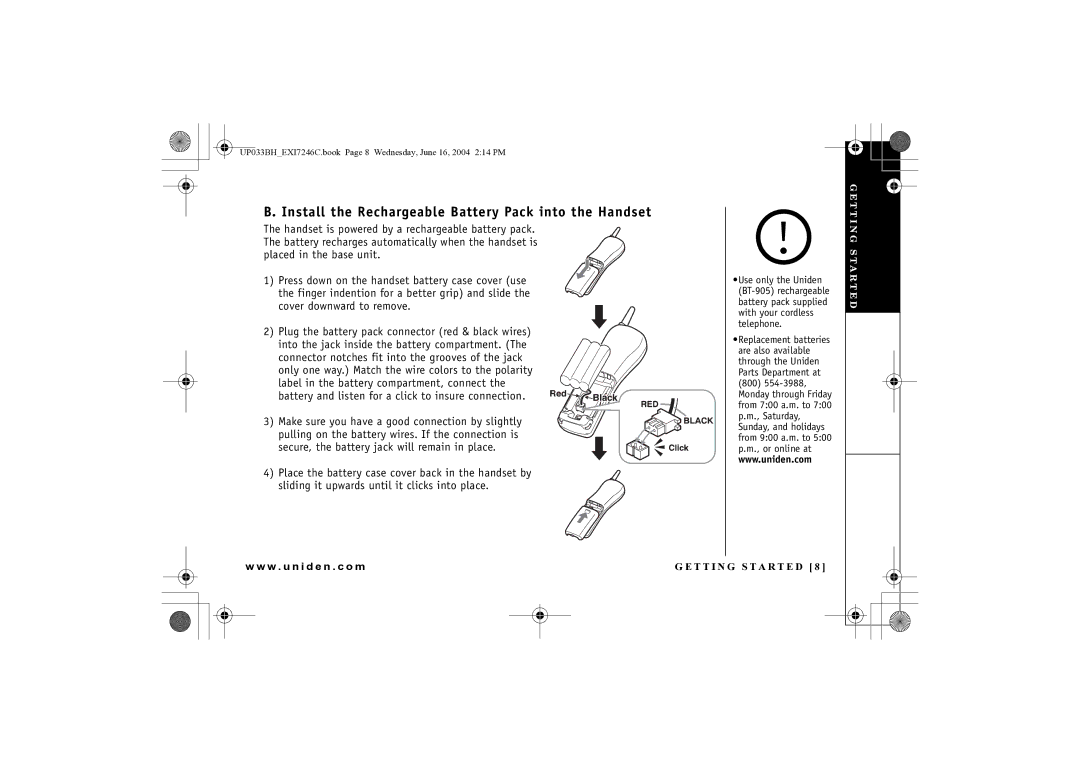 Uniden EWCI 936 manual Install the Rechargeable Battery Pack into the Handset, 800 