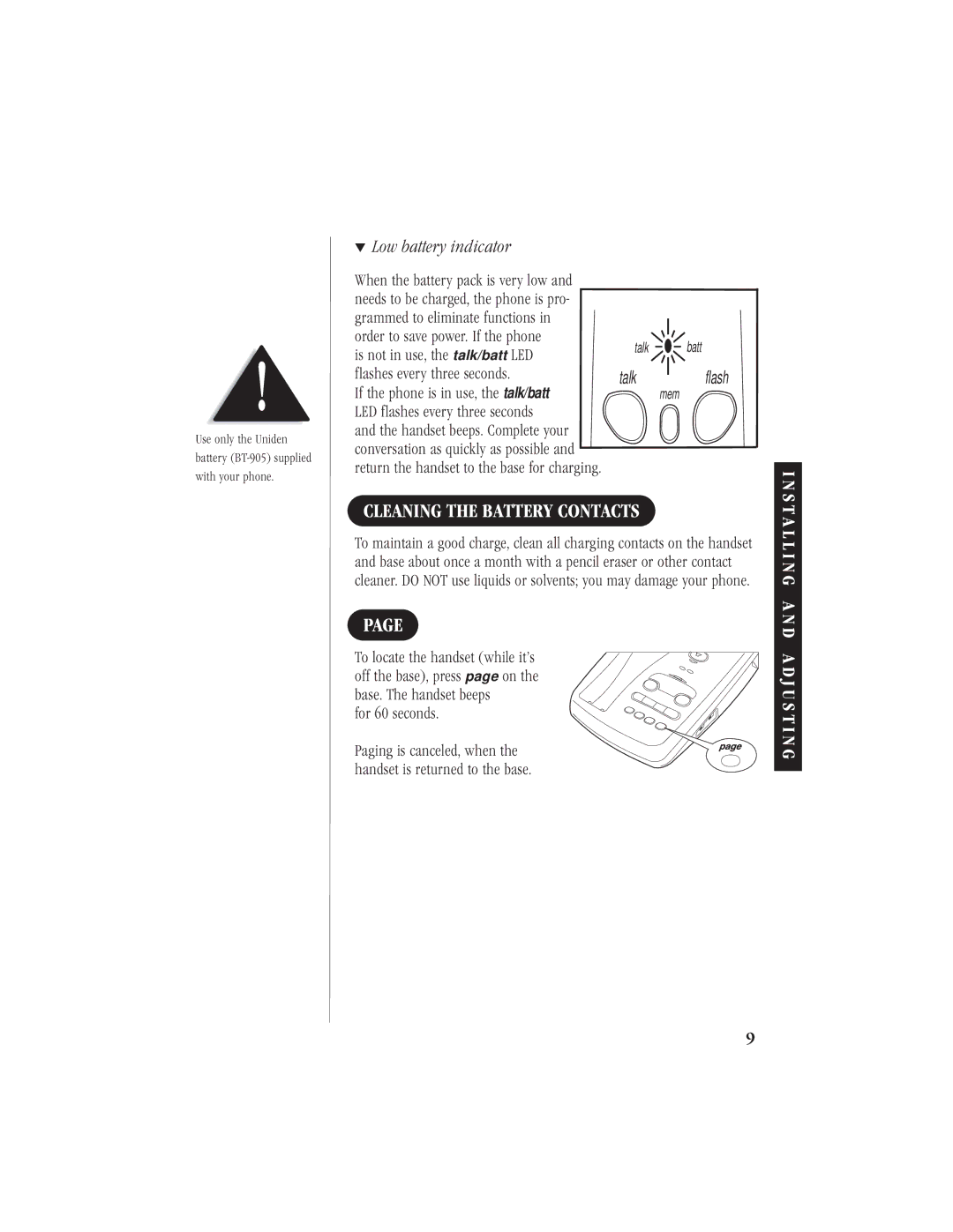 Uniden EXA 7950 manual Cleaning the Battery Contacts, Low battery indicator, For 60 seconds 