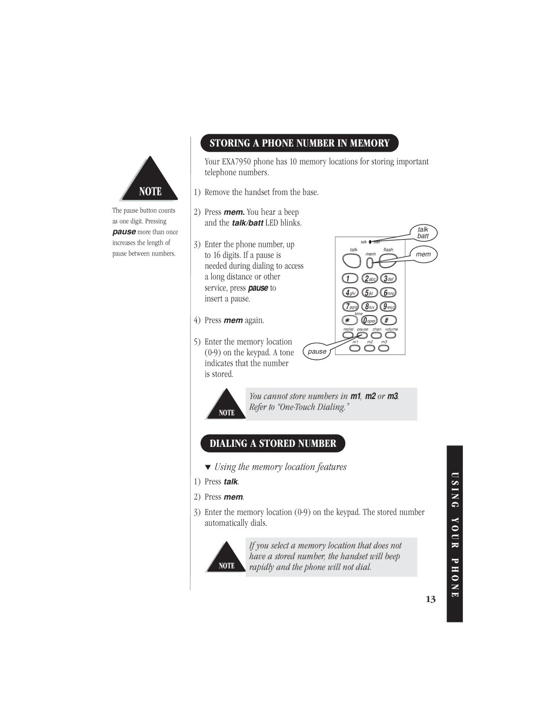 Uniden EXA 7950 manual Storing a Phone Number in Memory, Dialing a Stored Number, Using the memory location features 