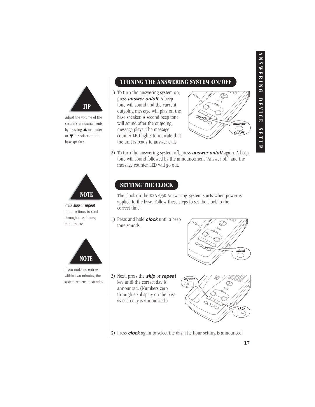 Uniden EXA 7950 manual Turning the Answering System ON/OFF, Setting the Clock 