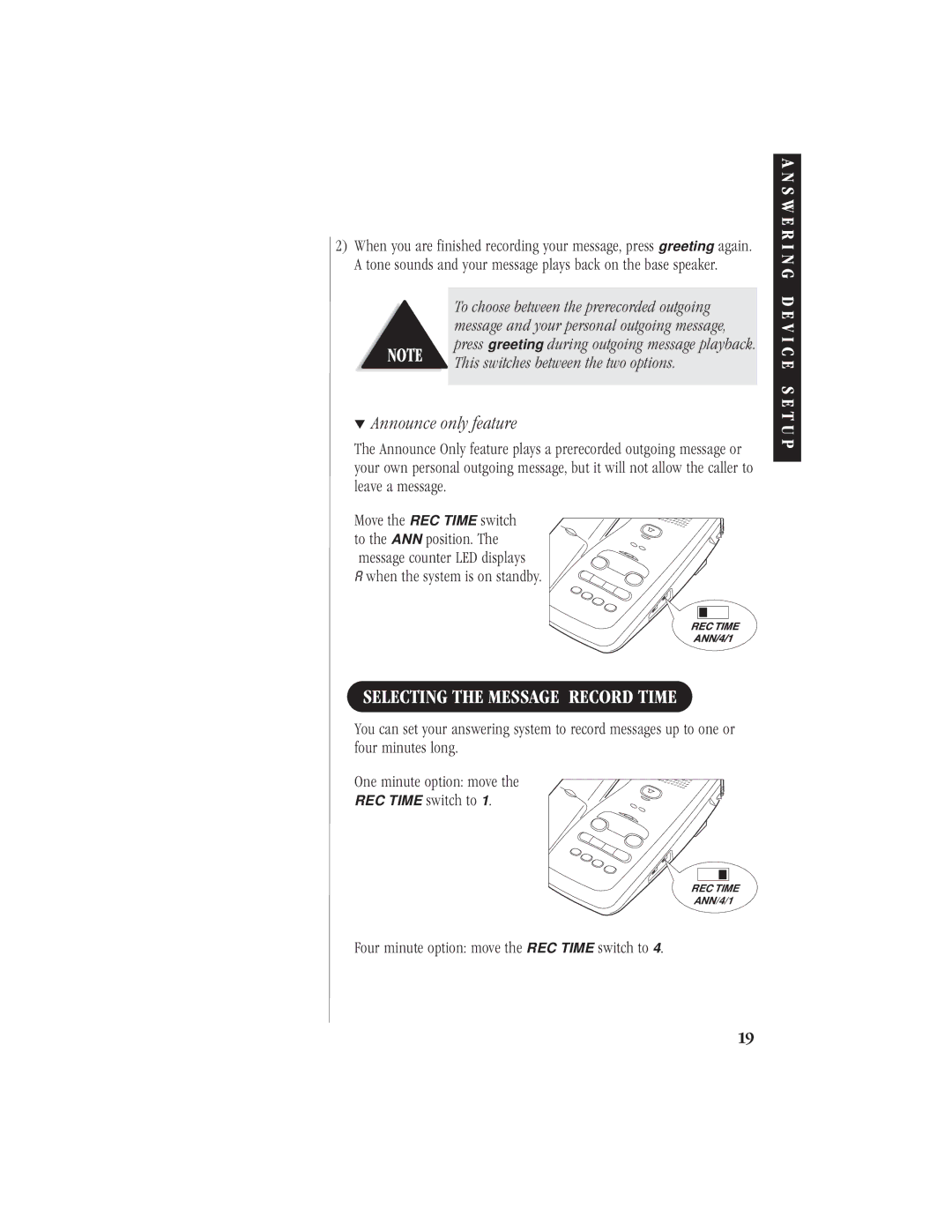 Uniden EXA 7950 manual Selecting the Message Record Time, Announce only feature, When the system is on standby 