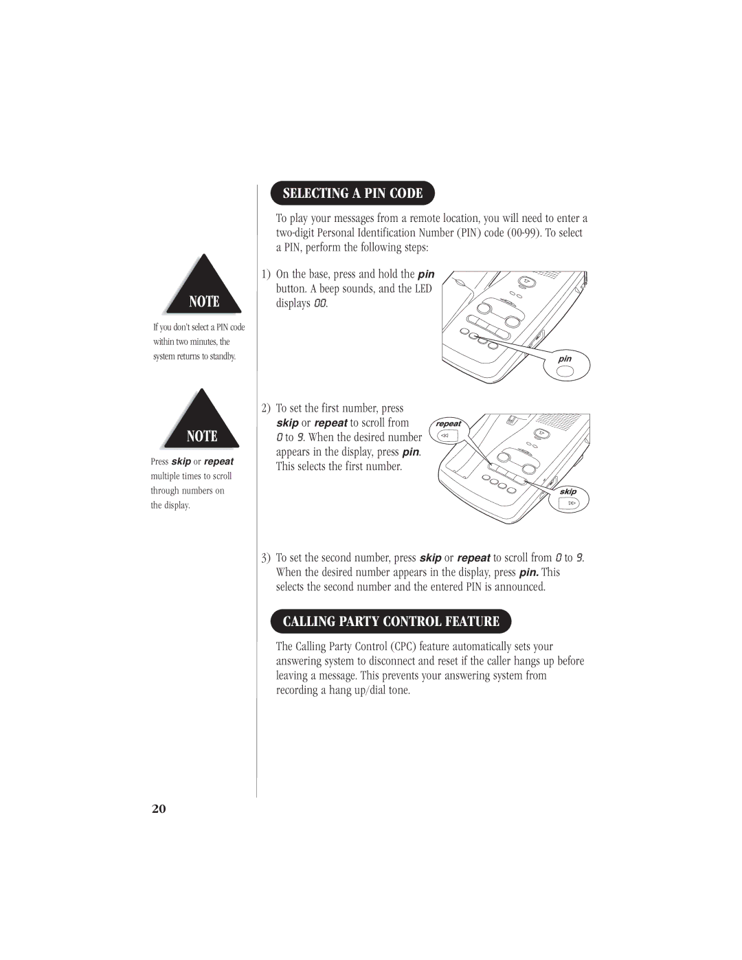 Uniden EXA 7950 manual Selecting a PIN Code, Calling Party Control Feature 