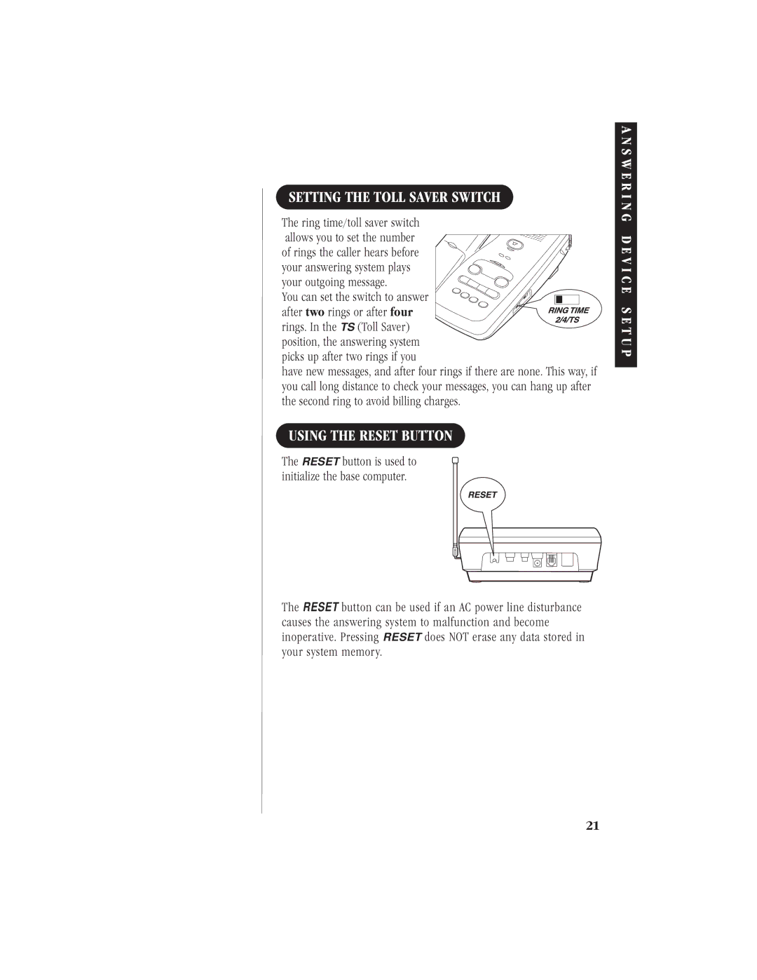 Uniden EXA 7950 manual Setting the Toll Saver Switch, Using the Reset Button, You can set the switch to answer 