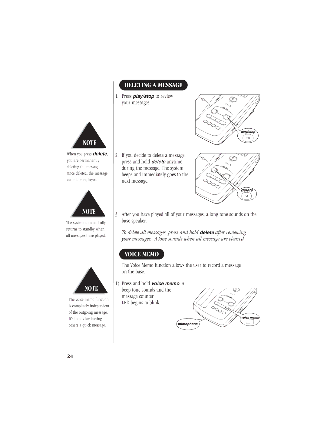 Uniden EXA 7950 manual Deleting a Message, Voice Memo, Press play/stop to review your messages 