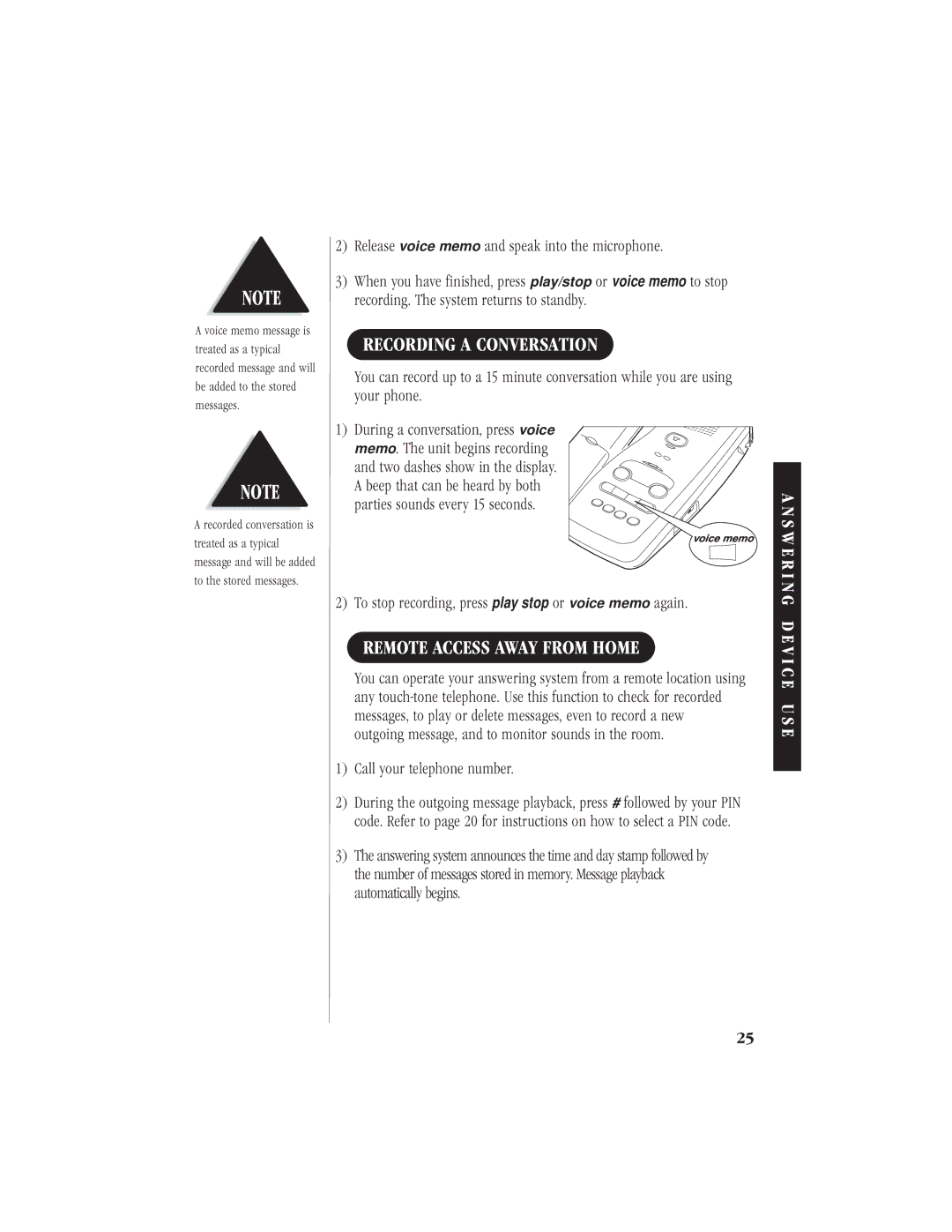 Uniden EXA 7950 manual Recording a Conversation, Remote Access Away from Home 