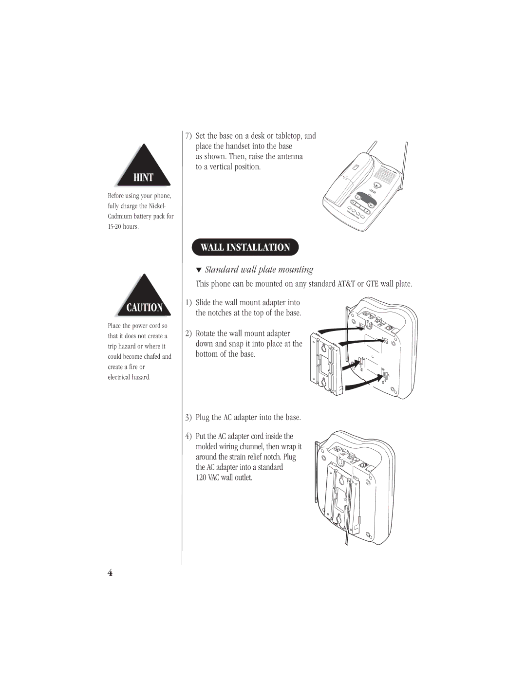 Uniden EXA 7950 manual Wall Installation, Standard wall plate mounting, VAC wall outlet 