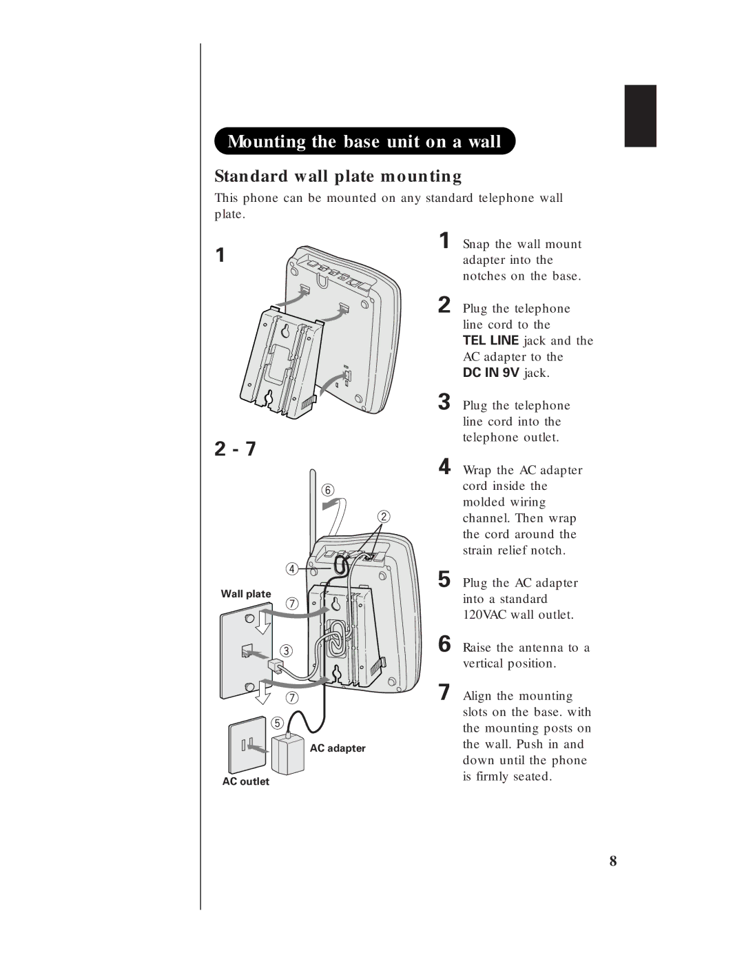 Uniden EXA 8955 manual Mounting the base unit on a wall, Standard wall plate mounting, Is firmly seated 