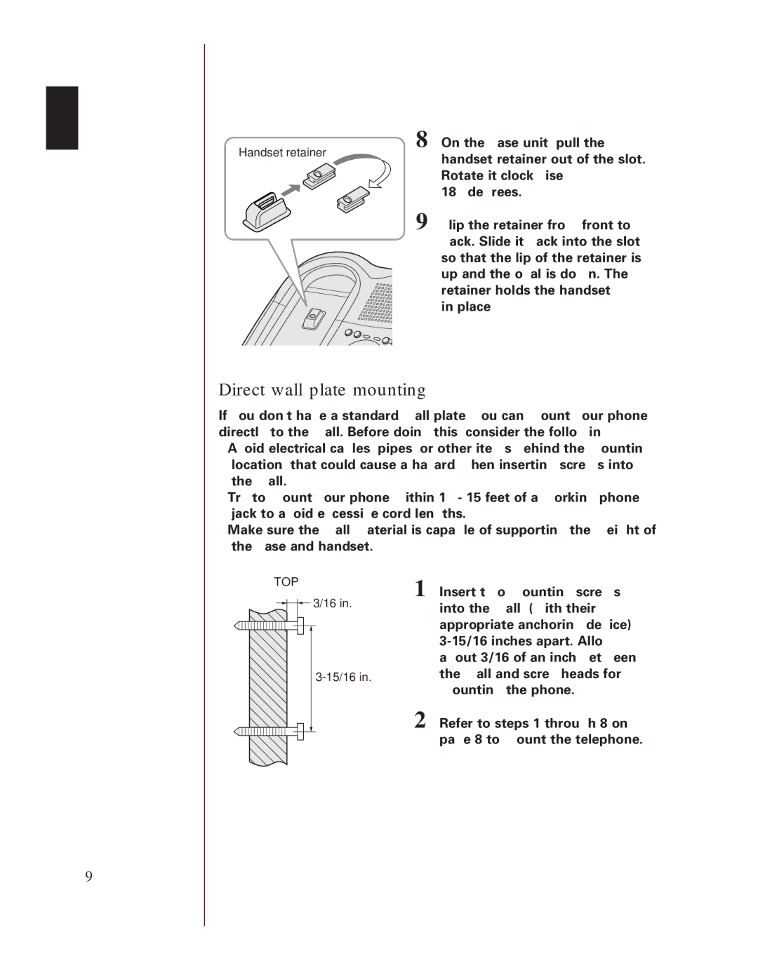 Uniden EXA 8955 manual Direct wall plate mounting 