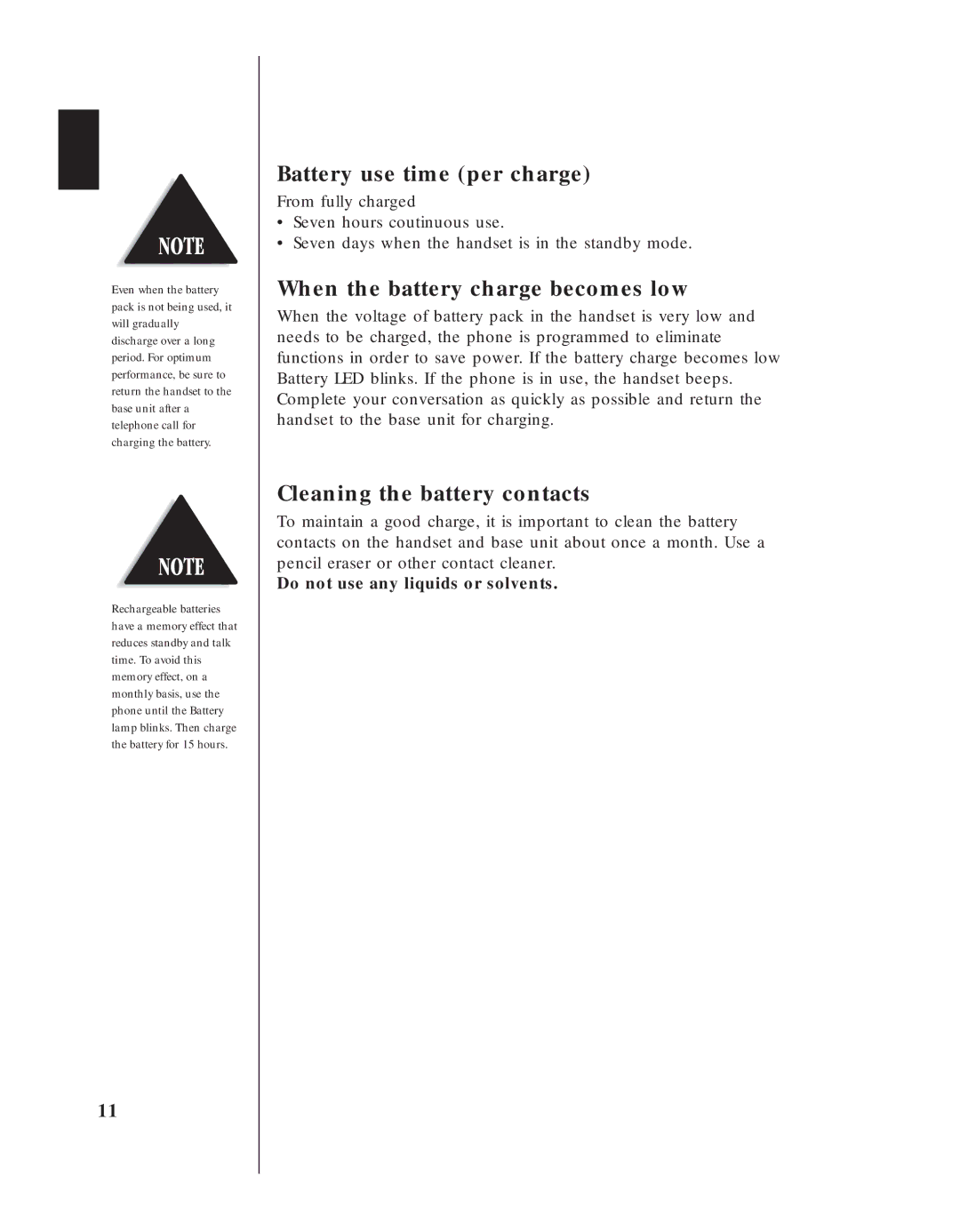 Uniden EXA 8955 manual Battery use time per charge, When the battery charge becomes low, Cleaning the battery contacts 