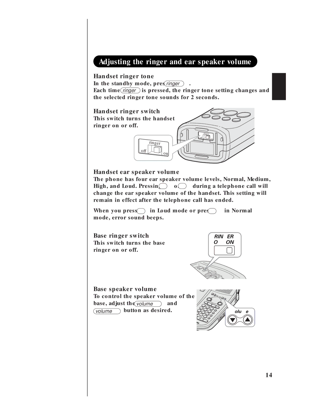 Uniden EXA 8955 manual Adjusting the ringer and ear speaker volume, Handset ringer tone 