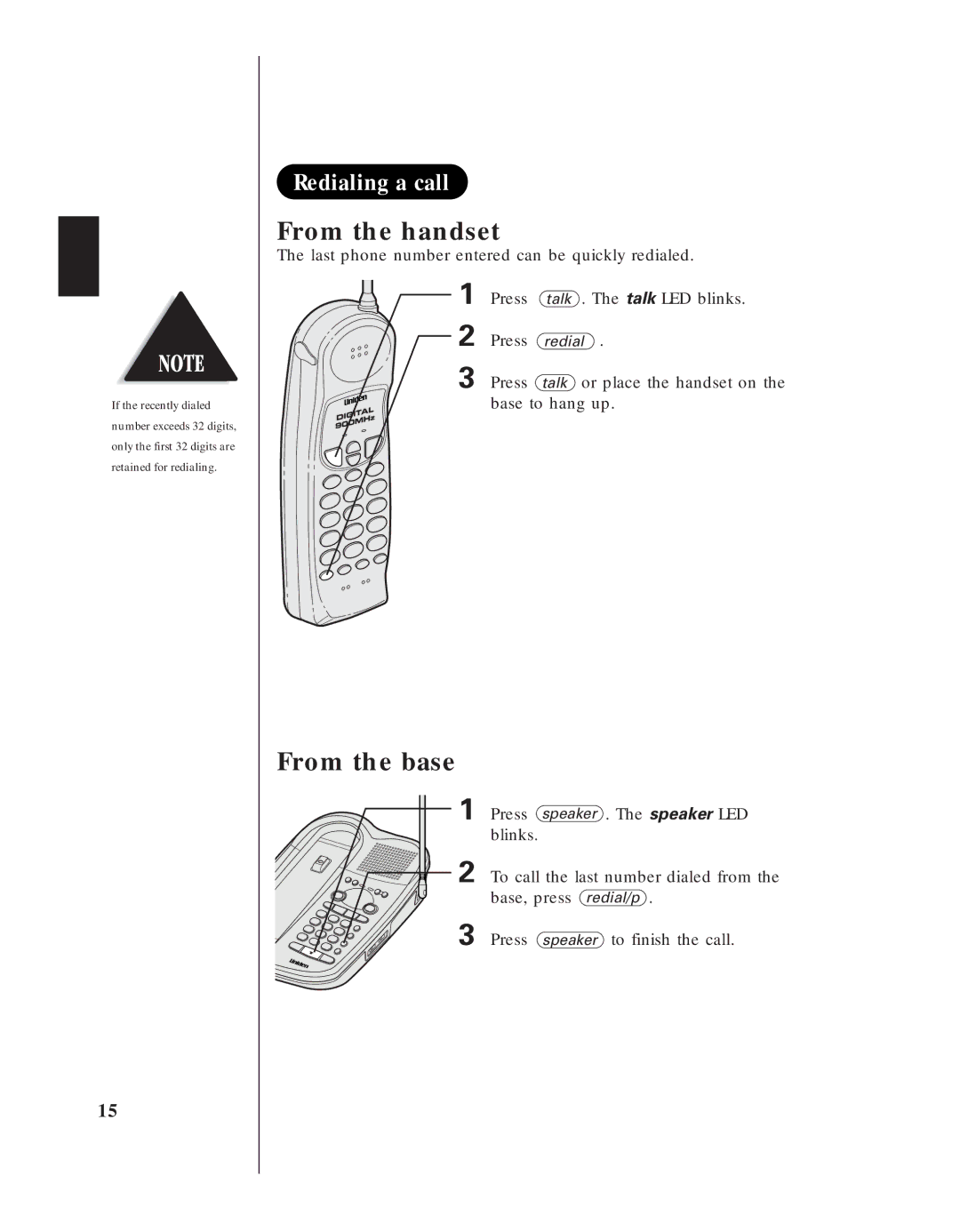 Uniden EXA 8955 manual Redialing a call, Last phone number entered can be quickly redialed 