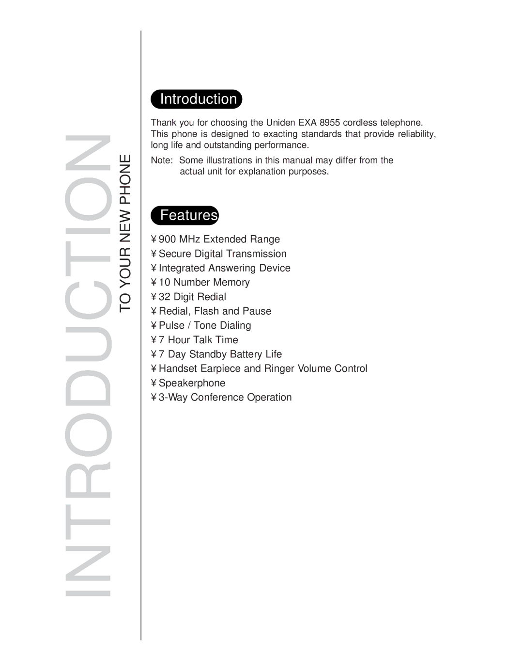 Uniden EXA 8955 manual Introduction, Features 