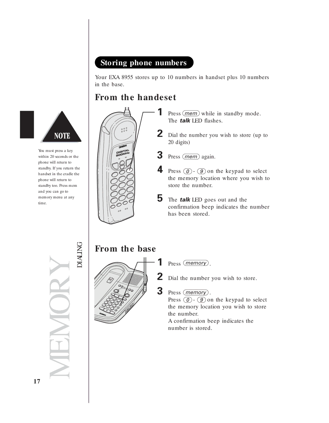 Uniden EXA 8955 manual Storing phone numbers, From the handeset 