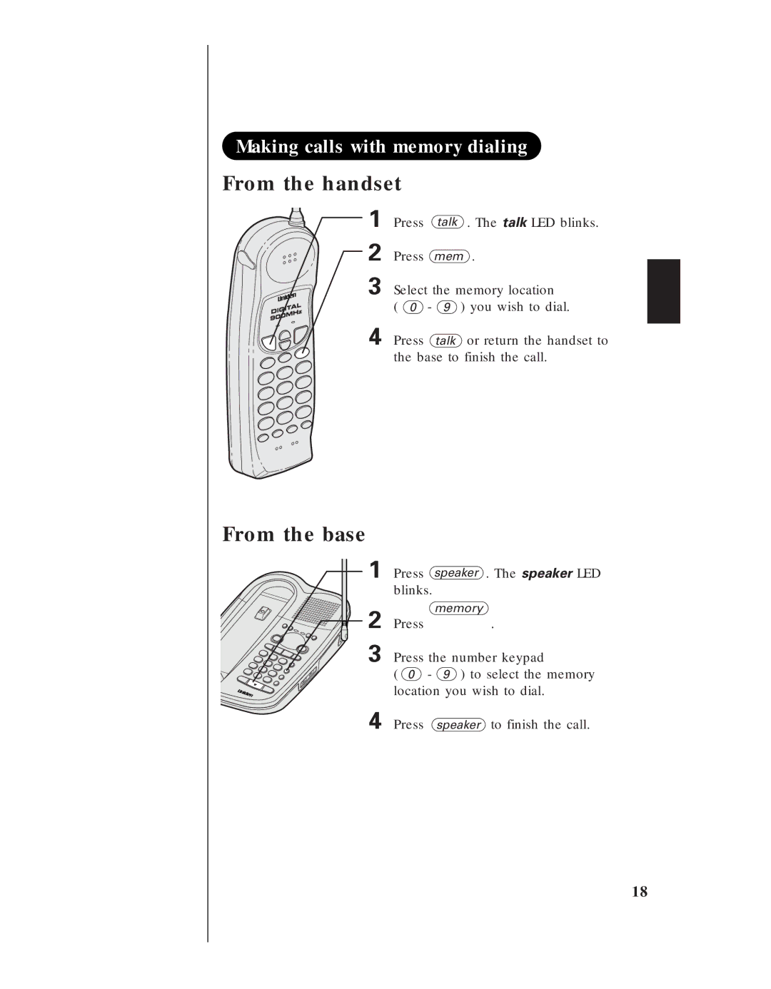 Uniden EXA 8955 manual Making calls with memory dialing From the handset 