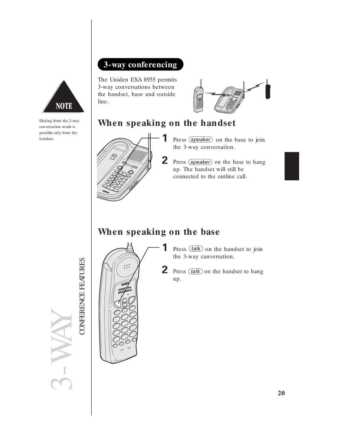 Uniden EXA 8955 manual Way conferencing, When speaking on the handset 