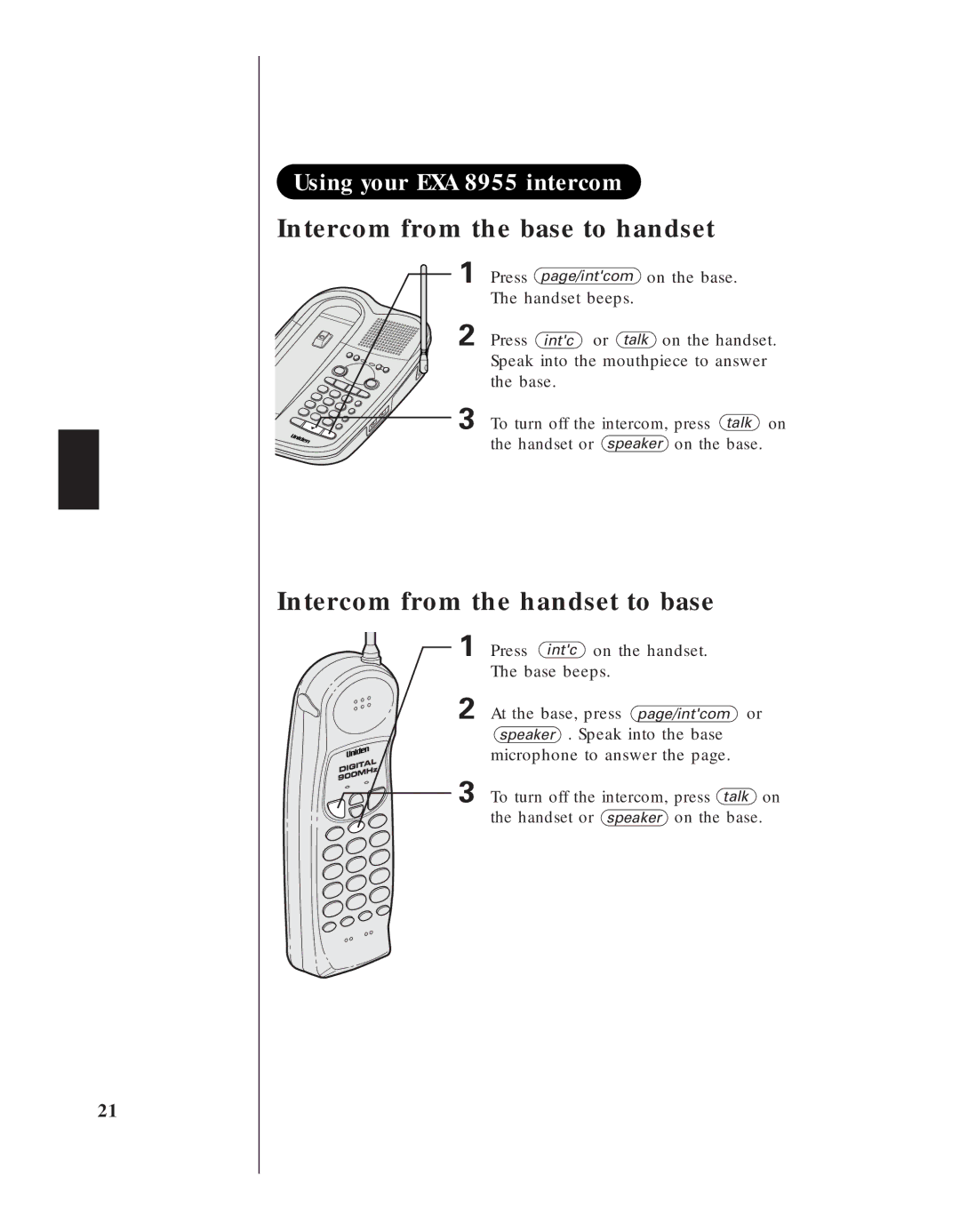 Uniden EXA 8955 manual Intercom from the handset to base 