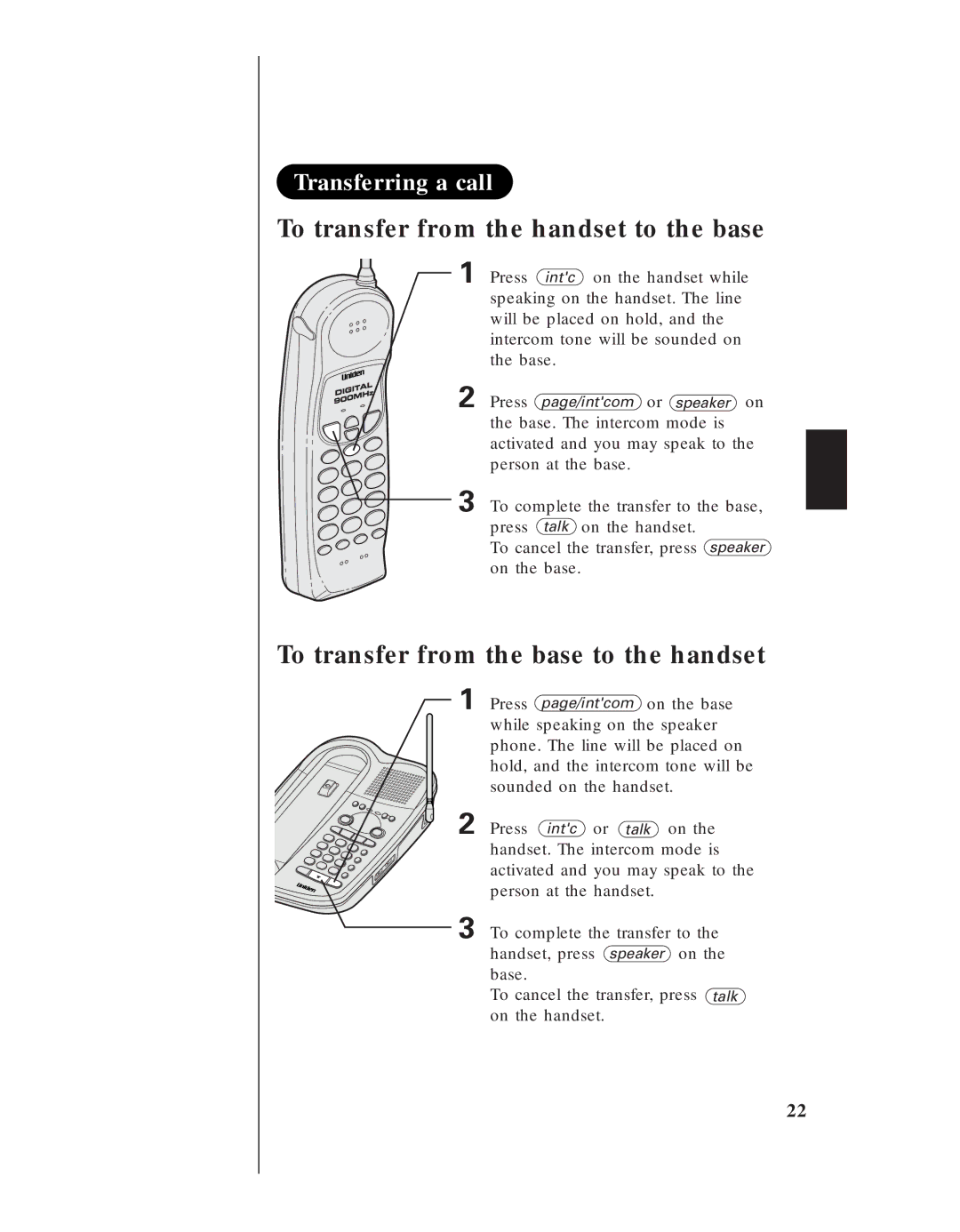 Uniden EXA 8955 Transferring a call, To transfer from the handset to the base, To transfer from the base to the handset 