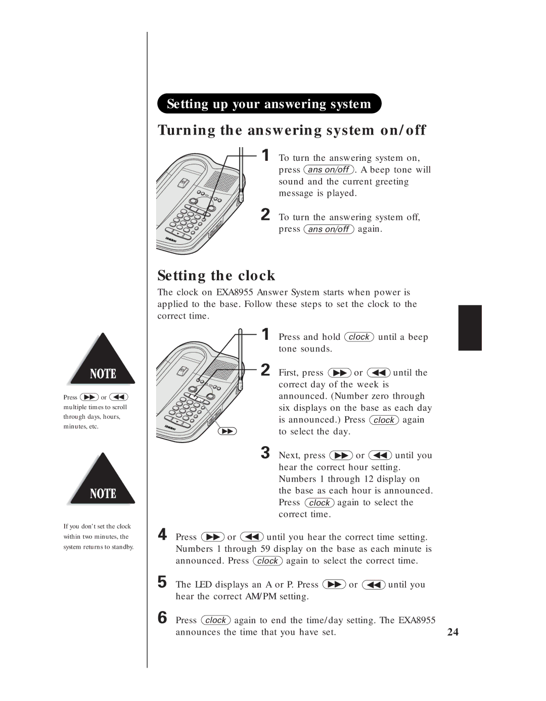 Uniden EXA 8955 manual Setting the clock 