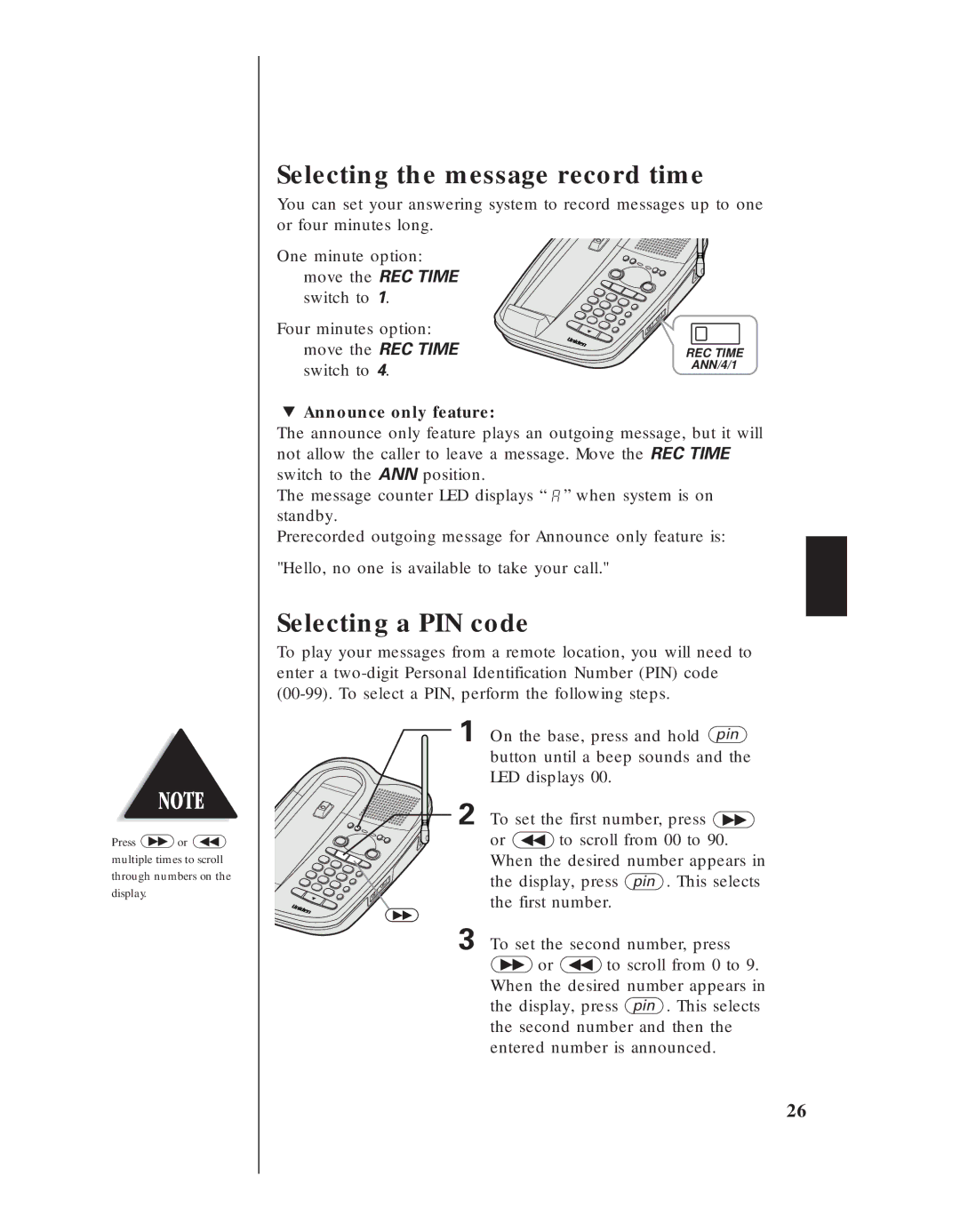 Uniden EXA 8955 manual Selecting the message record time, Selecting a PIN code, » Announce only feature 