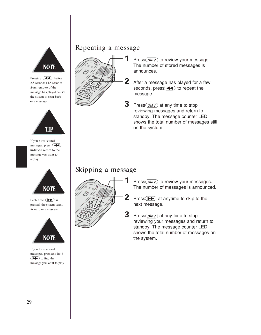 Uniden EXA 8955 manual Repeating a message, Skipping a message 