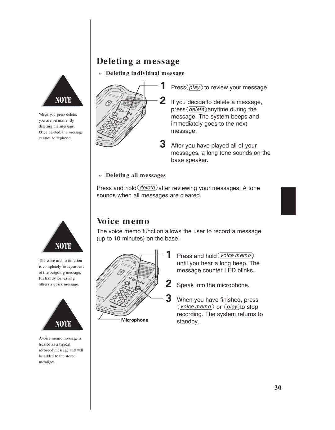 Uniden EXA 8955 manual Deleting a message, Voice memo, » Deleting individual message, » Deleting all messages 