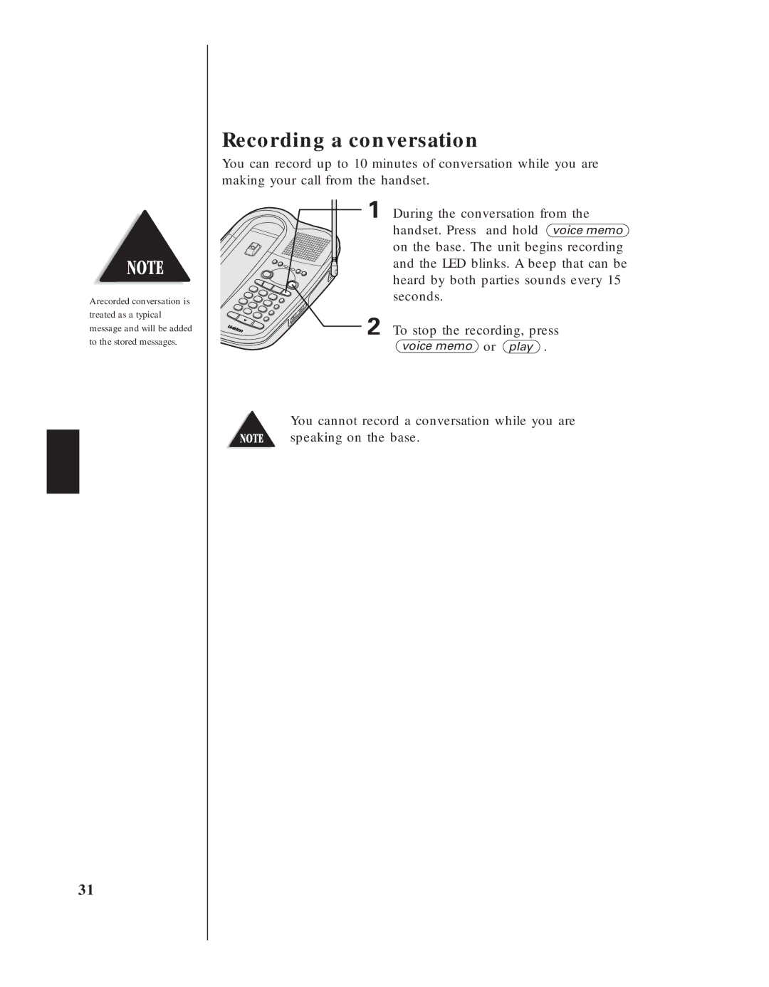 Uniden EXA 8955 manual Recording a conversation 