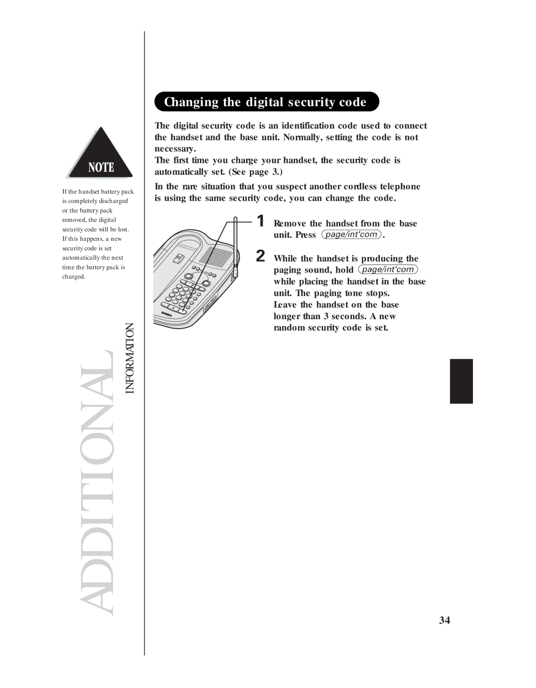 Uniden EXA 8955 manual Additional Information, Changing the digital security code 