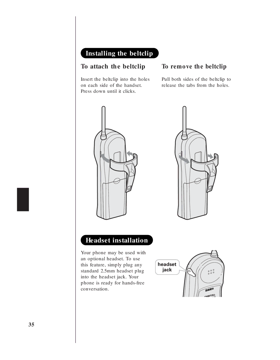 Uniden EXA 8955 manual Installing the beltclip, Headset installation, To attach the beltclip To remove the beltclip 