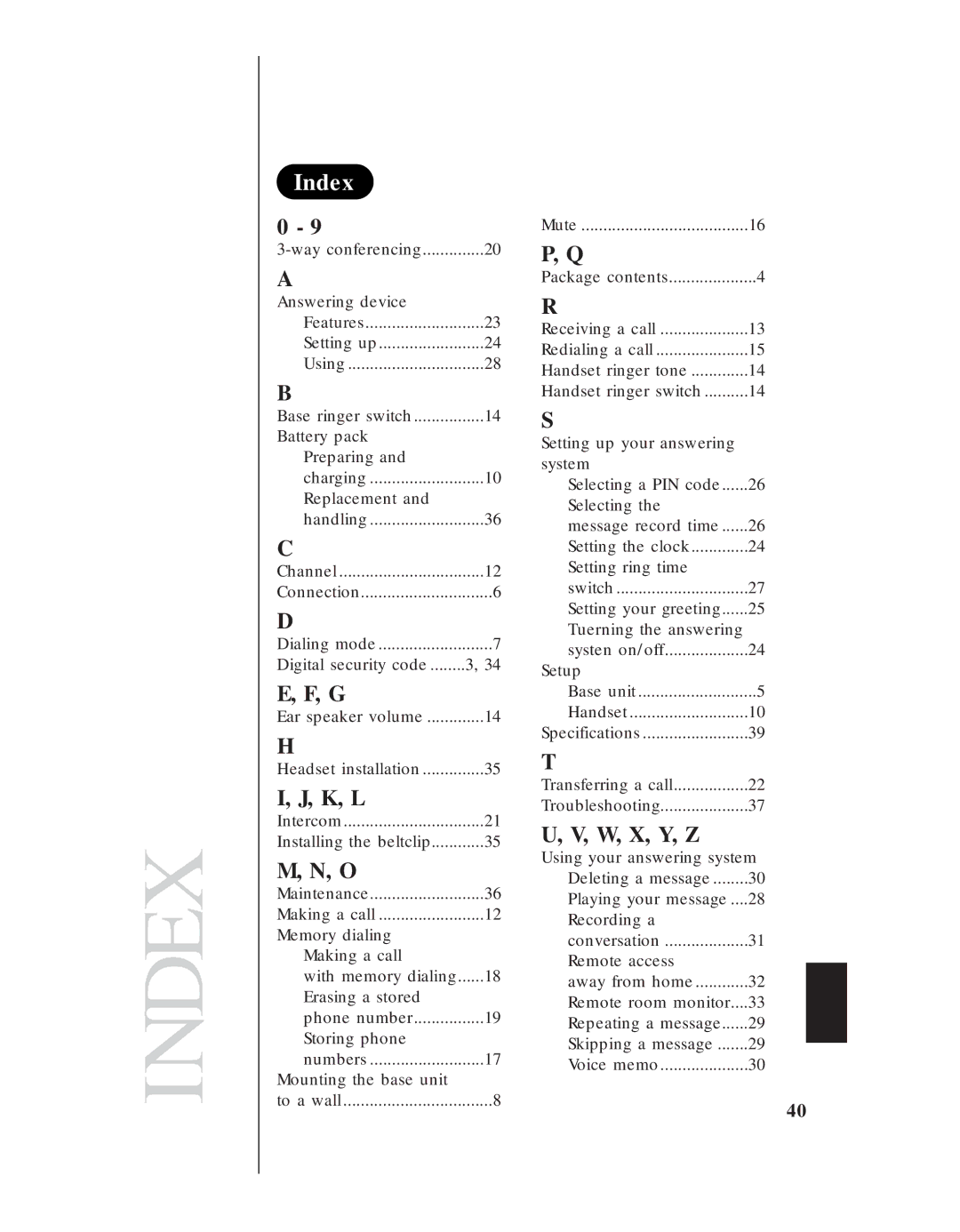 Uniden EXA 8955 manual Index, K, L, W, X, Y, Z 