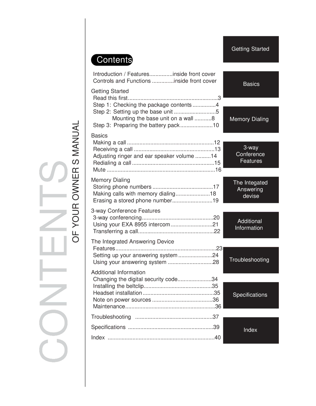 Uniden EXA 8955 manual Contents 