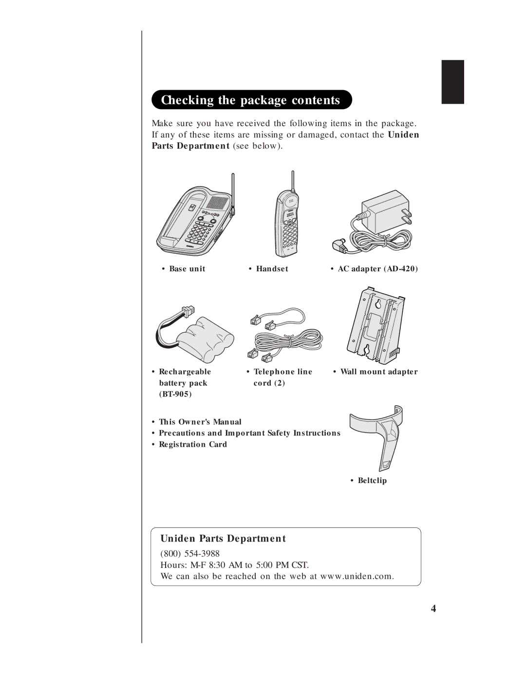 Uniden EXA 8955 manual Checking the package contents 