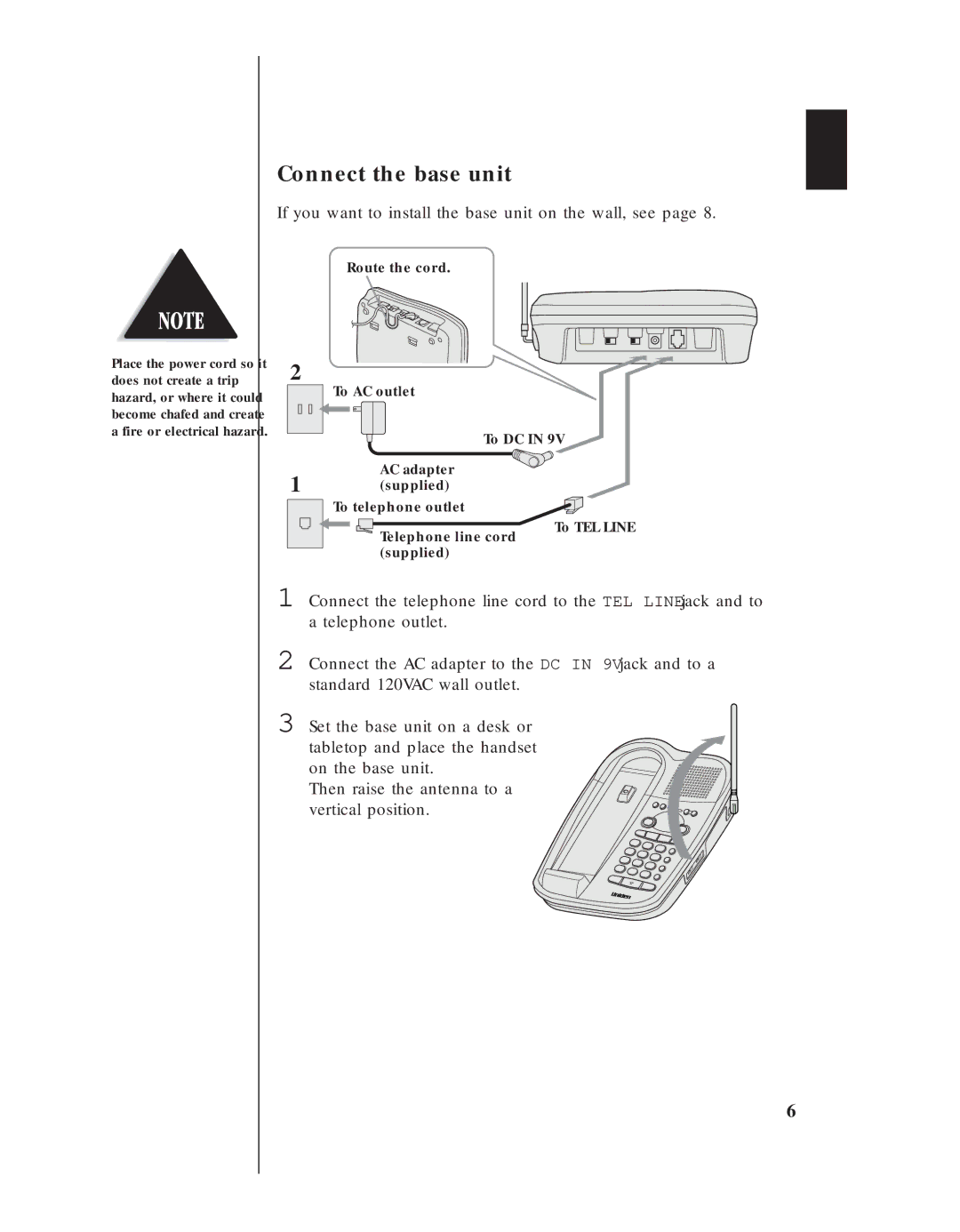 Uniden EXA 8955 manual Connect the base unit, If you want to install the base unit on the wall, see 